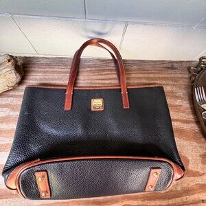 Dooney & Bourke Black Leather Tote Bag With Brown Trim & Gold Logo